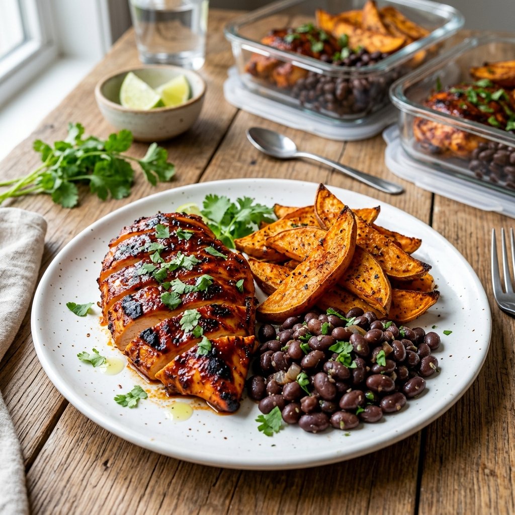 A plate with spicy chipotle chicken, roasted sweet potato wedges, and black beans on a wooden table.