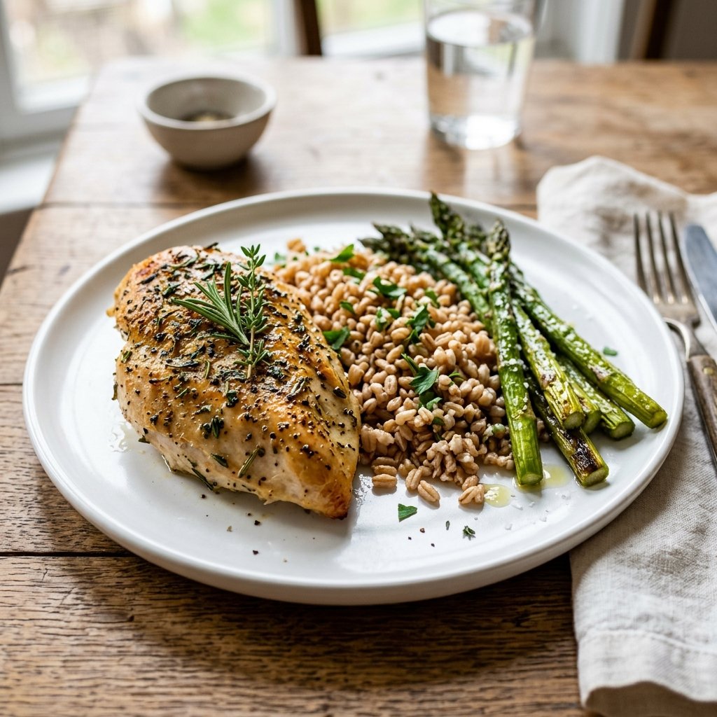 A plate with herbed chicken breast, cooked farro, and roasted asparagus on a wooden table.