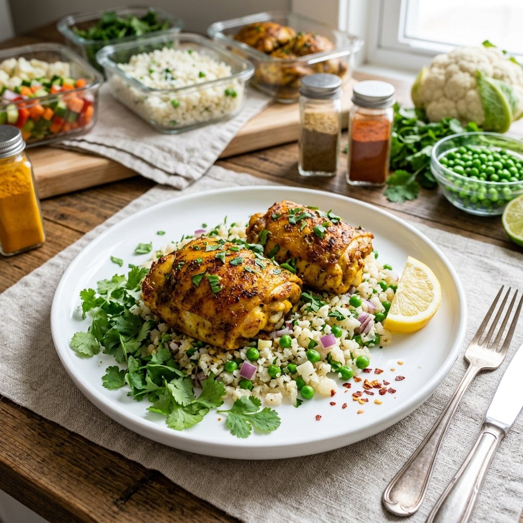 A plate of curry-spiced chicken thighs served with cauliflower rice and peas on a kitchen table.