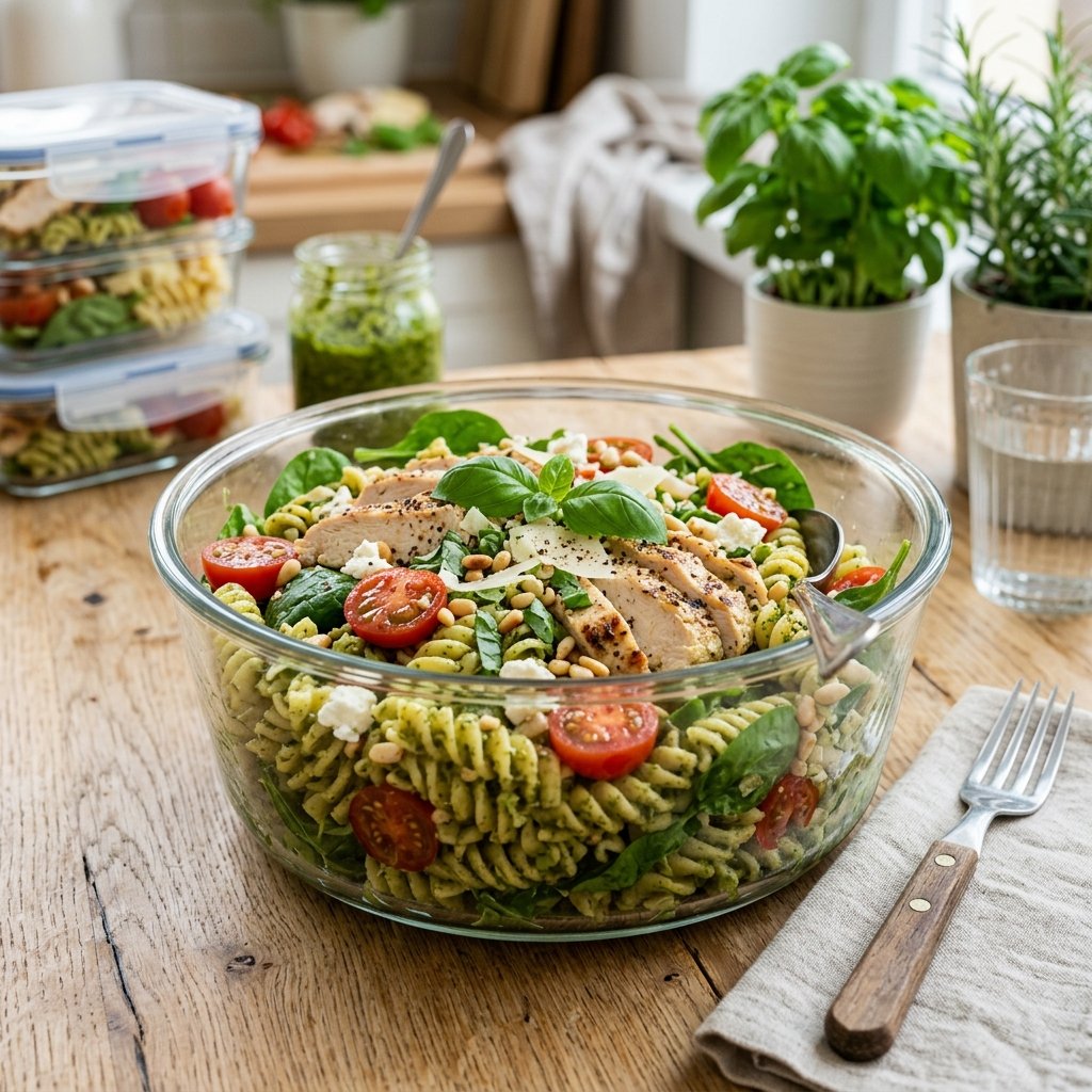 A bowl of pesto chicken pasta salad with cherry tomatoes and spinach on a wooden table.