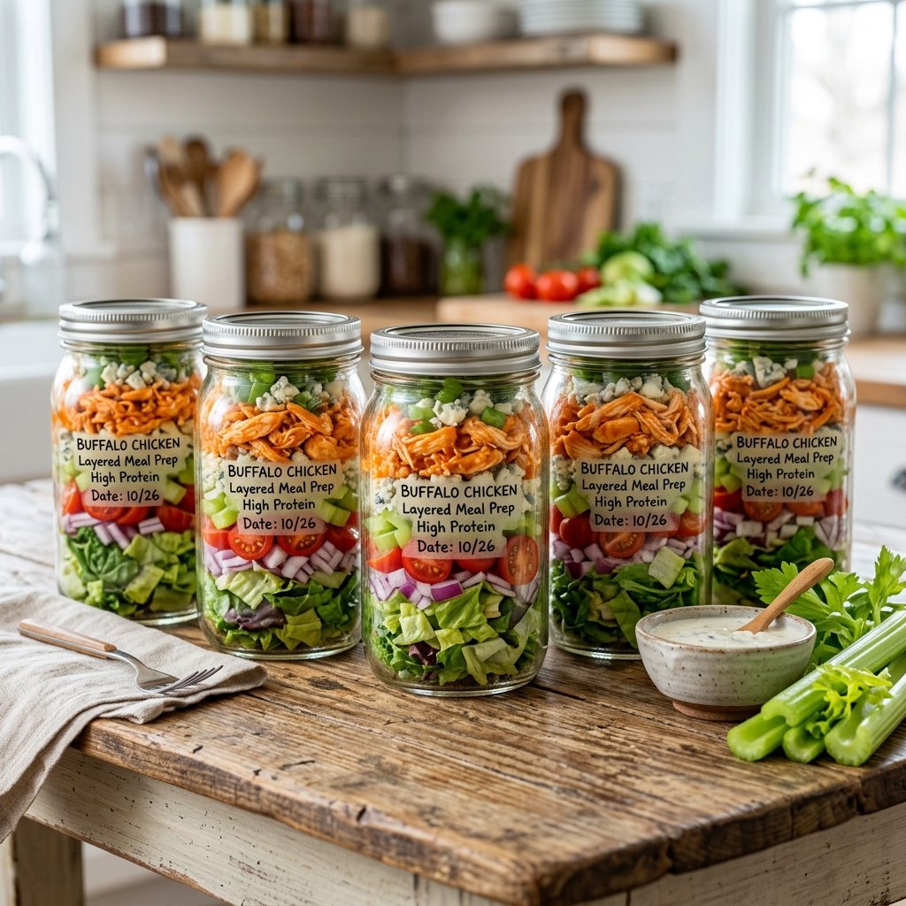 Several mason jars filled with buffalo chicken salad layered with celery and blue cheese on a wooden table with bowls of dressing and celery sticks.