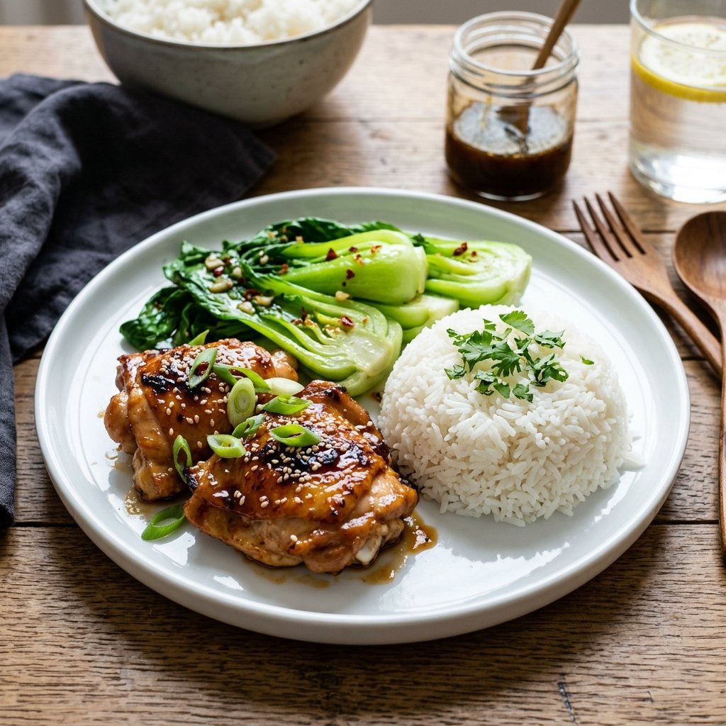 A plate with honey-soy baked chicken, steamed bok choy, and jasmine rice on a wooden table.