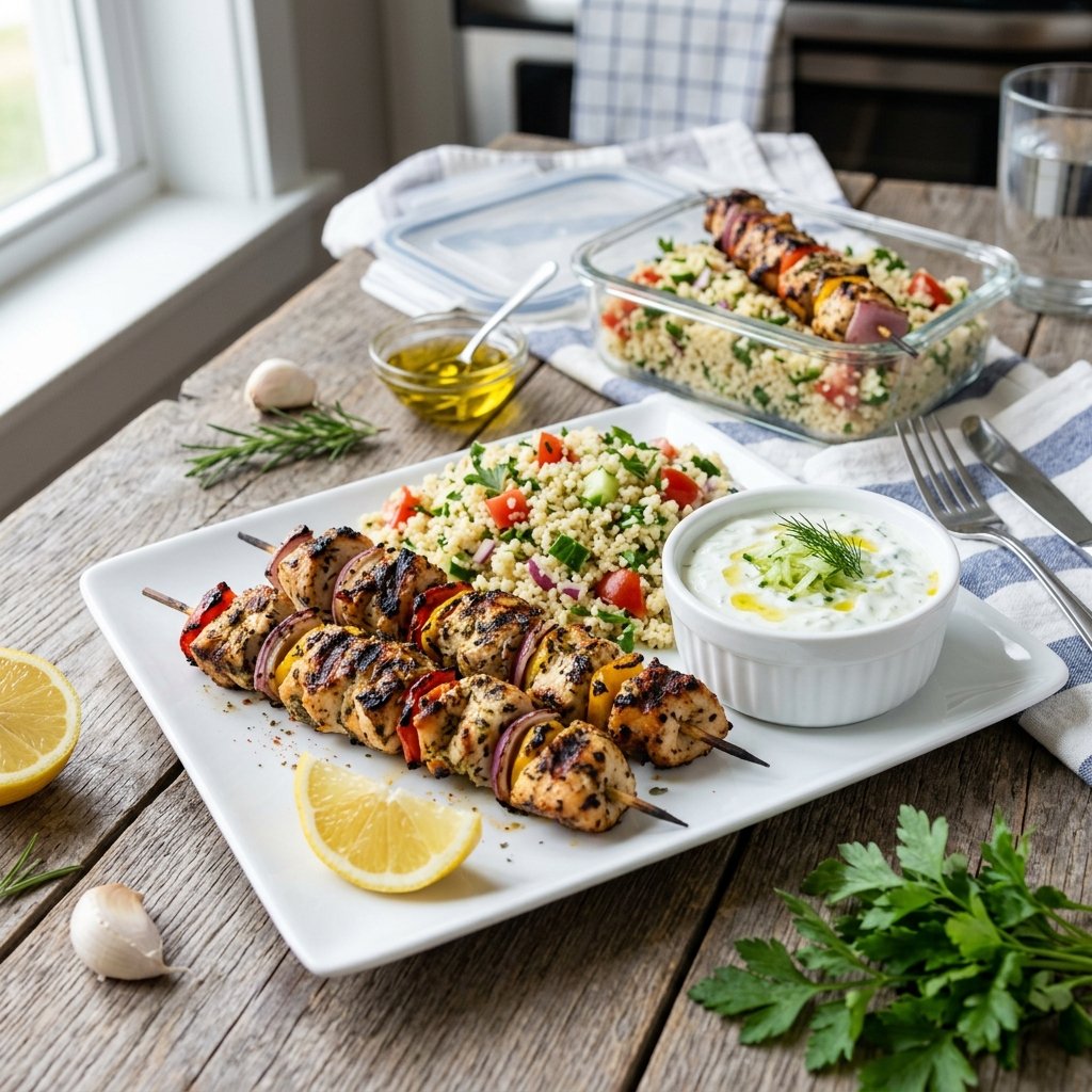 A plate of grilled chicken skewers with couscous and a bowl of tzatziki sauce on a wooden table with fresh herbs and lemon wedges.