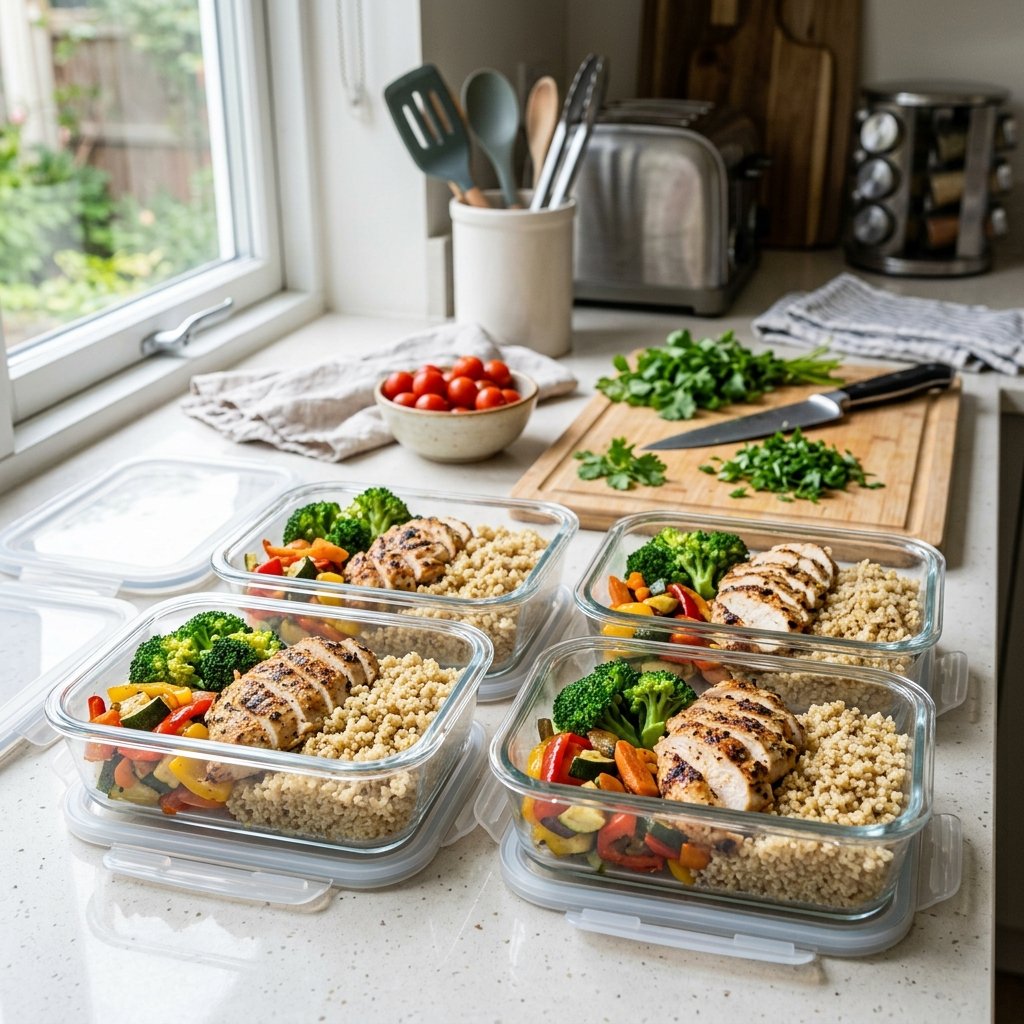 Meal prep containers with grilled chicken, quinoa, and vegetables arranged on a kitchen countertop.