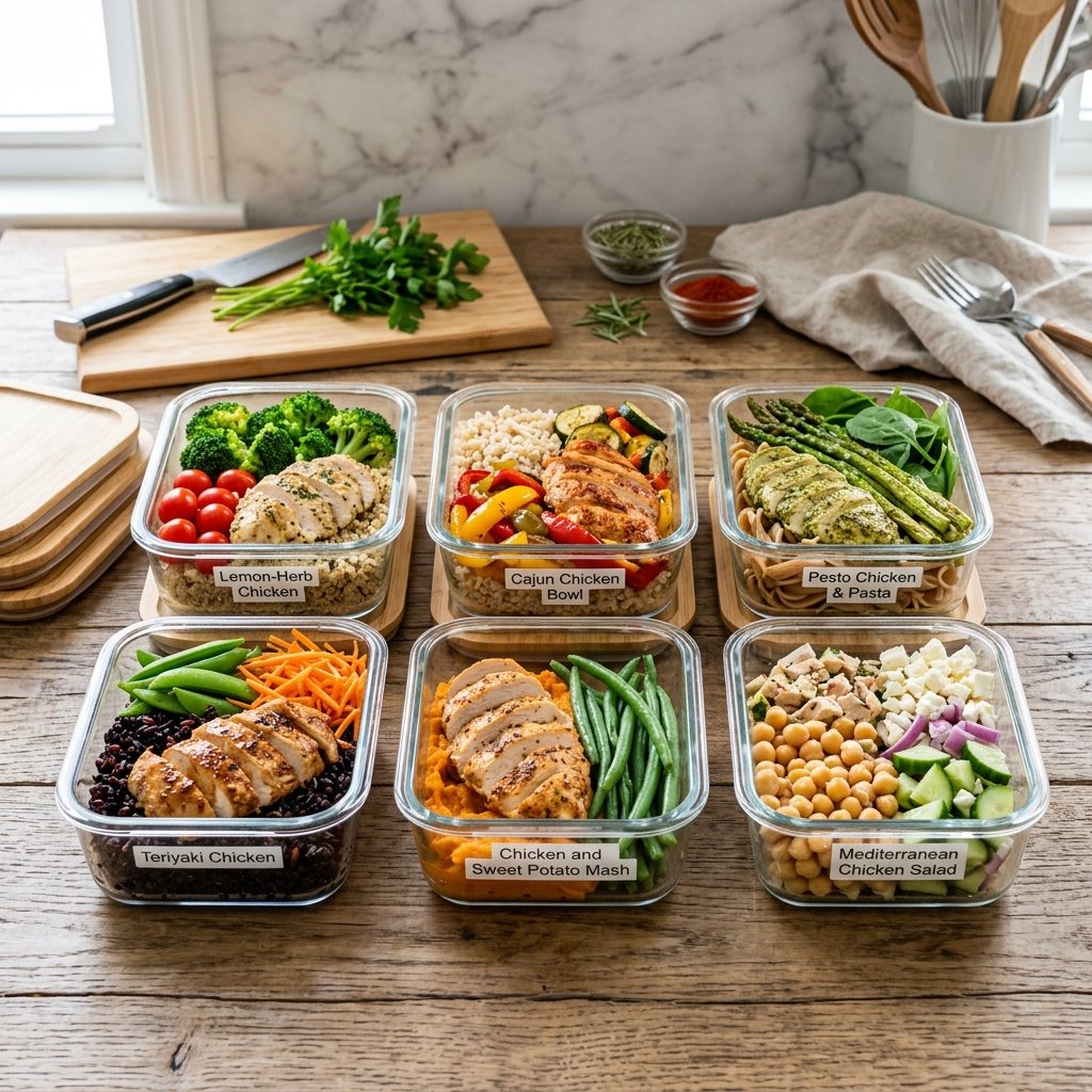 Prepared chicken meals stored in clear containers with vegetables and grains on a kitchen countertop.