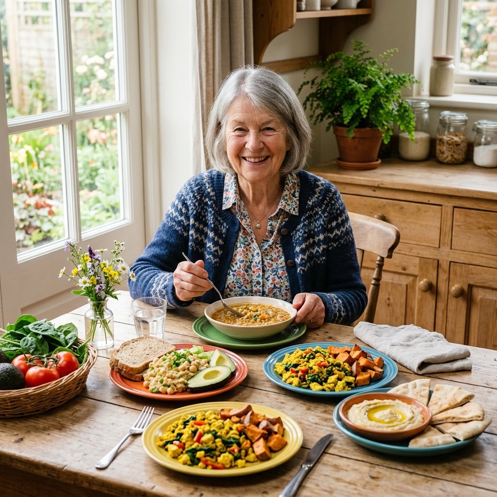 An elderly woman sitting at a table with several plates of soft, colorful vegan meals prepared for easy chewing.