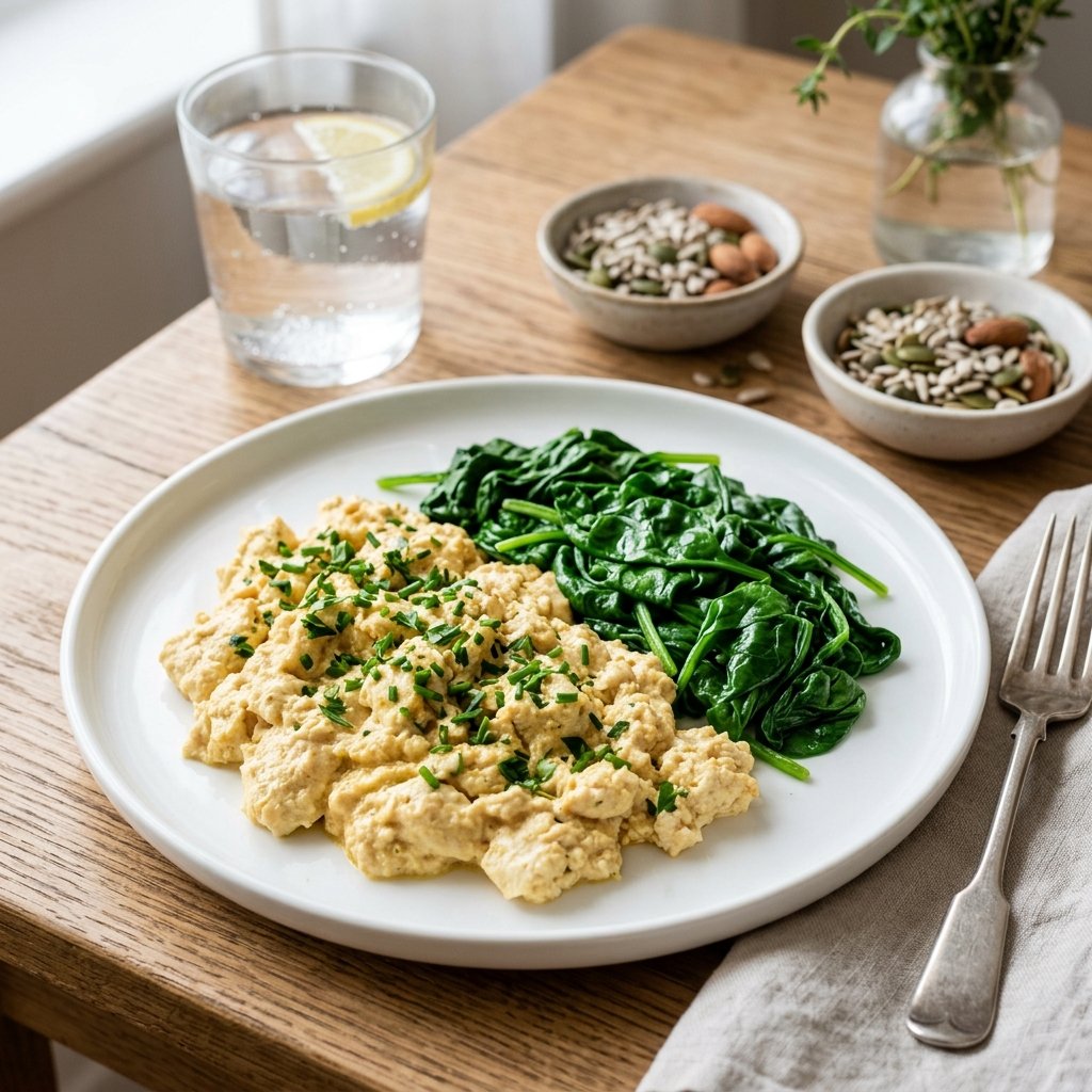 A plate with silken tofu scramble and soft steamed spinach on a wooden table.