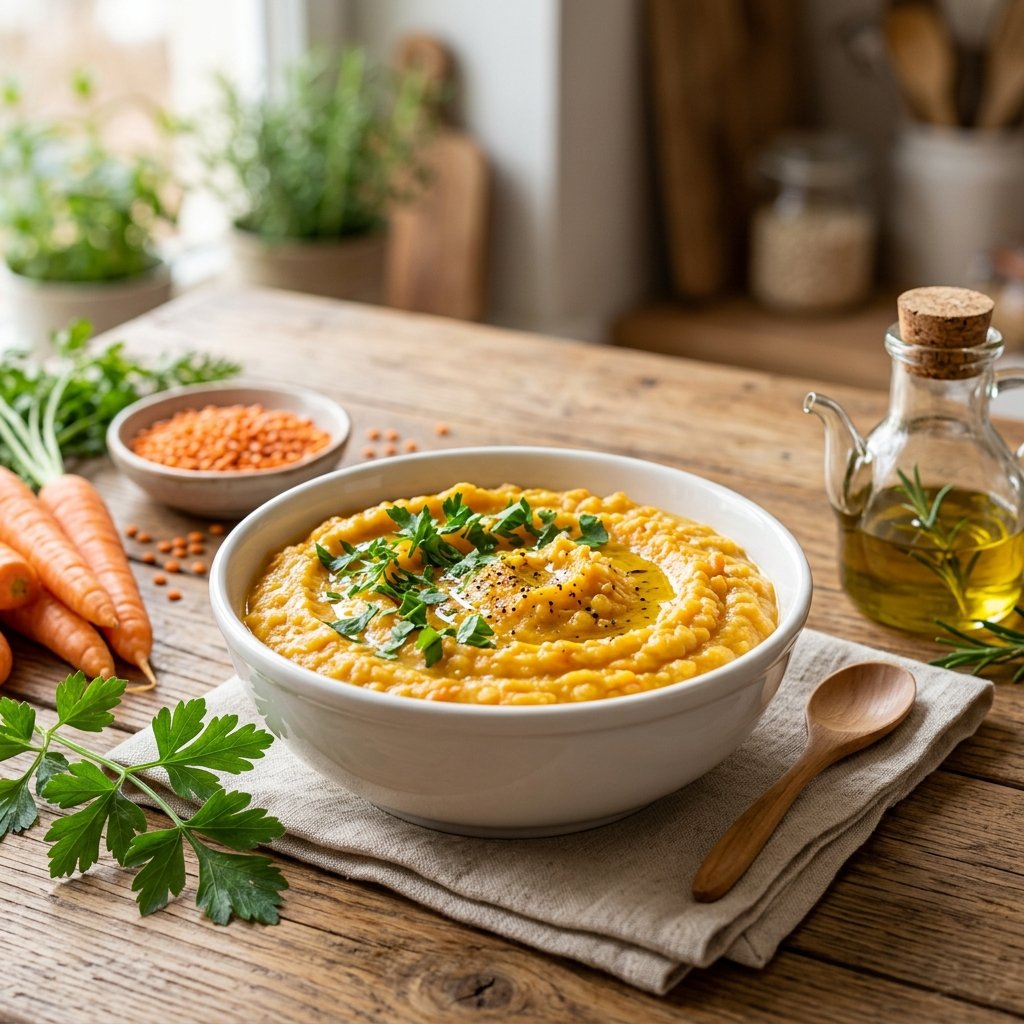 A bowl of creamy lentil and carrot mash garnished with parsley on a wooden table with fresh carrots and lentils nearby.