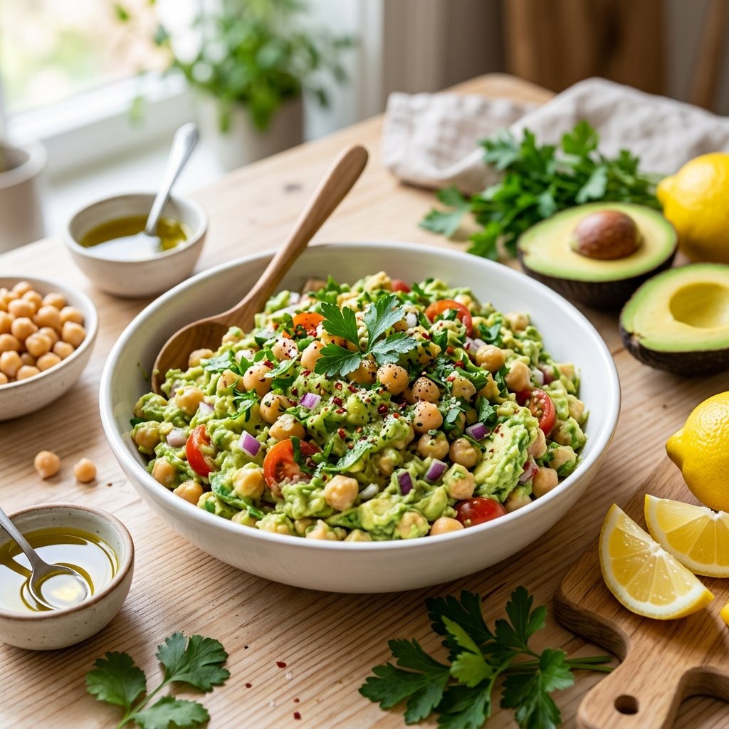 A bowl of mashed chickpea and avocado salad garnished with fresh herbs on a wooden table with fresh ingredients around it.