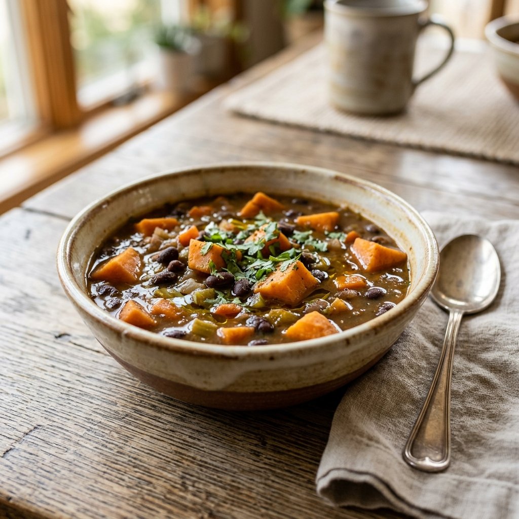 A bowl of black bean and sweet potato stew on a wooden table with a spoon and napkin nearby.