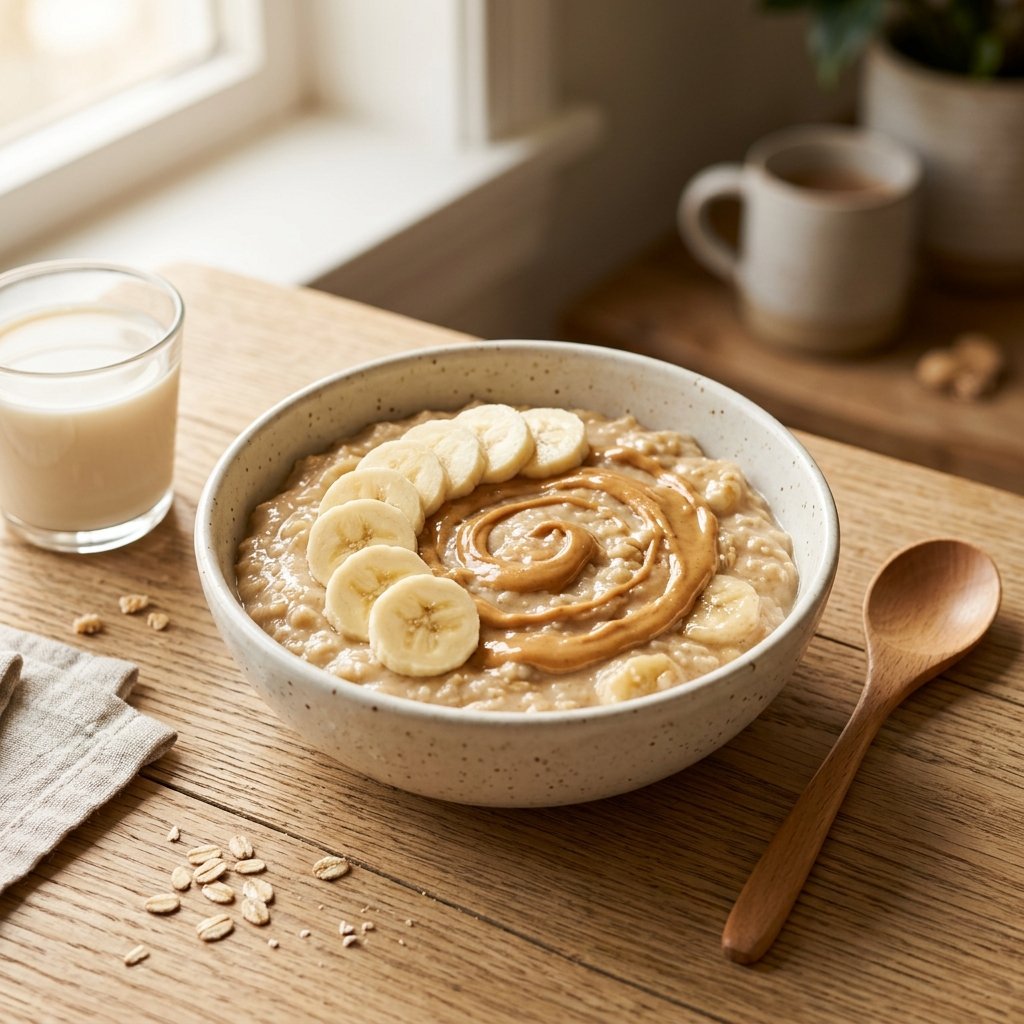 A bowl of smooth peanut butter and banana oatmeal on a wooden table with a spoon and a glass of plant-based milk nearby.
