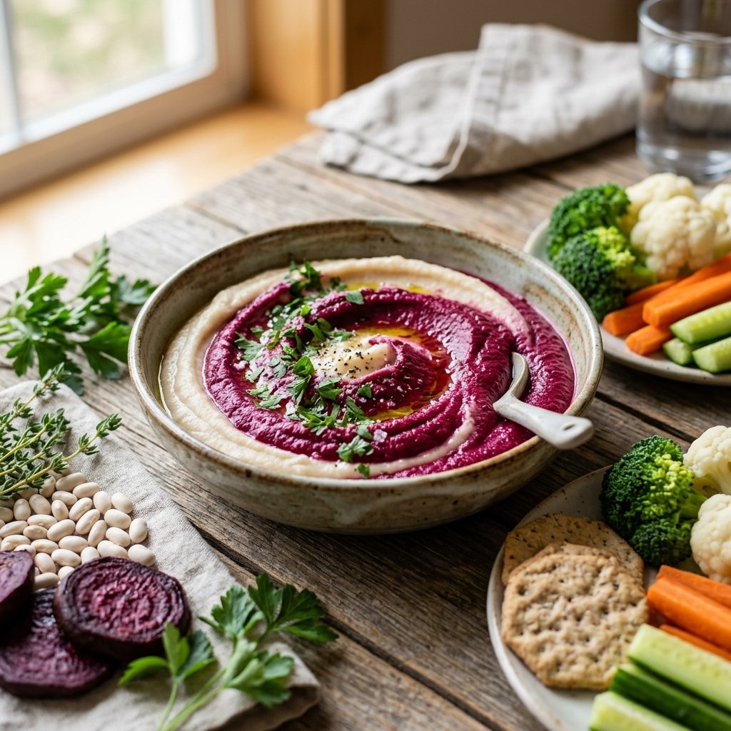 A bowl of smooth pureed white bean and roasted beet dip on a wooden table, surrounded by fresh beans, roasted beet slices, herbs, crackers, and steamed vegetables.
