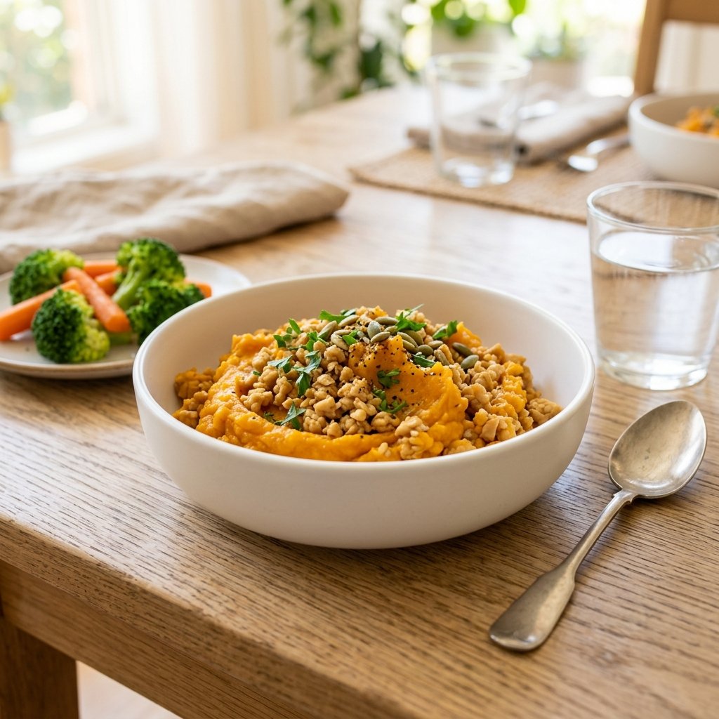 A bowl of soft tempeh and pumpkin mash garnished with herbs on a wooden table, accompanied by steamed vegetables and a glass of water.