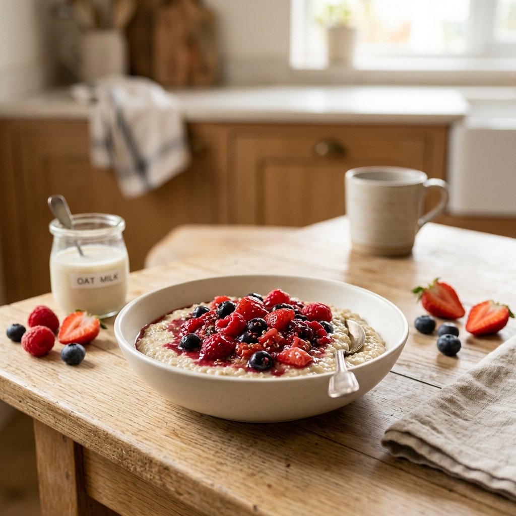 A bowl of creamy quinoa porridge topped with mashed mixed berries on a wooden table with fresh berries and a jar of plant-based milk nearby.