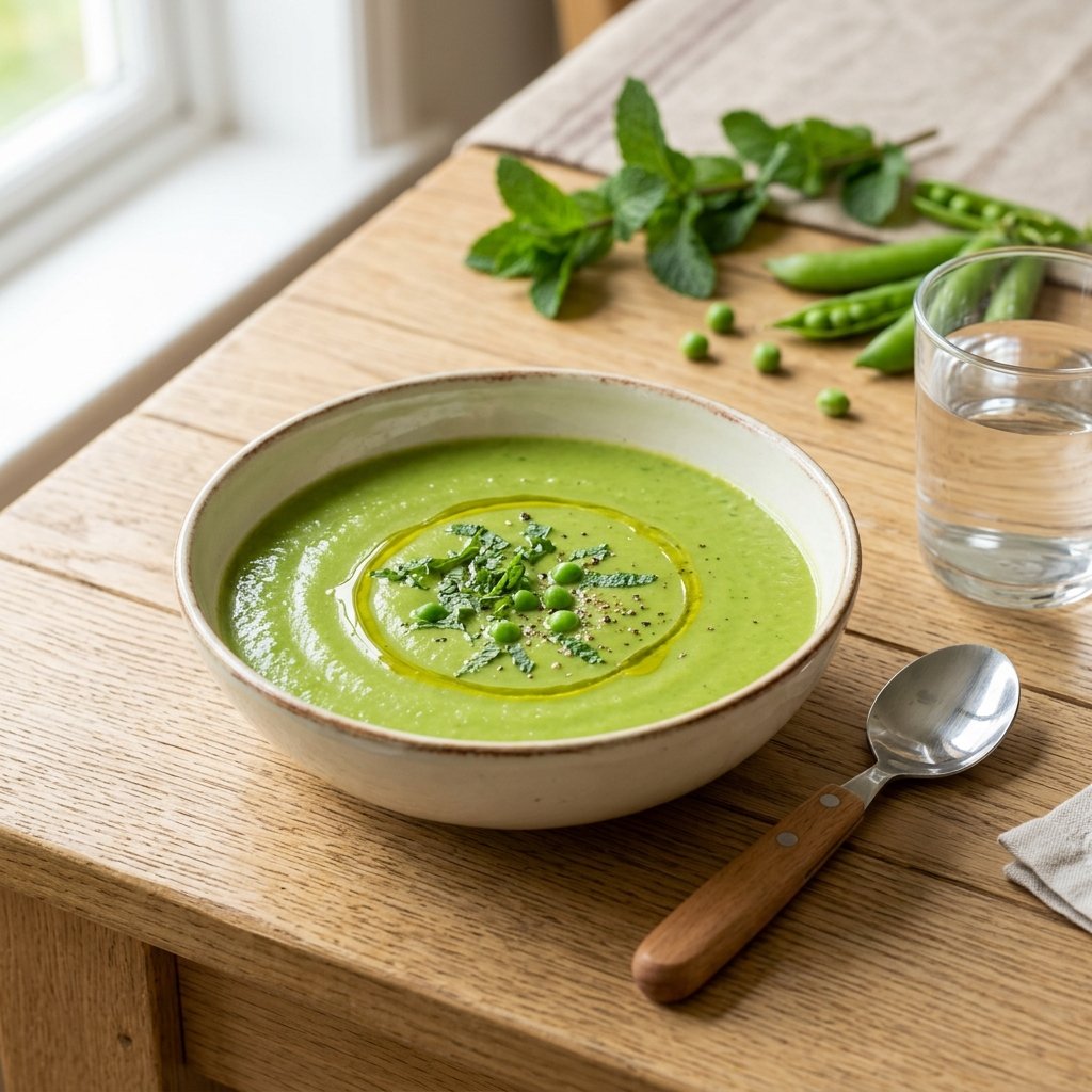 A bowl of smooth green pea and mint soup garnished with mint leaves on a wooden table, accompanied by a spoon and fresh herbs.