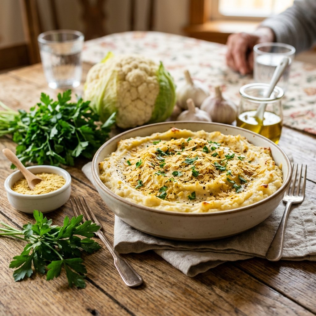 A bowl of baked mashed cauliflower topped with nutritional yeast on a wooden table, surrounded by fresh cauliflower and herbs.