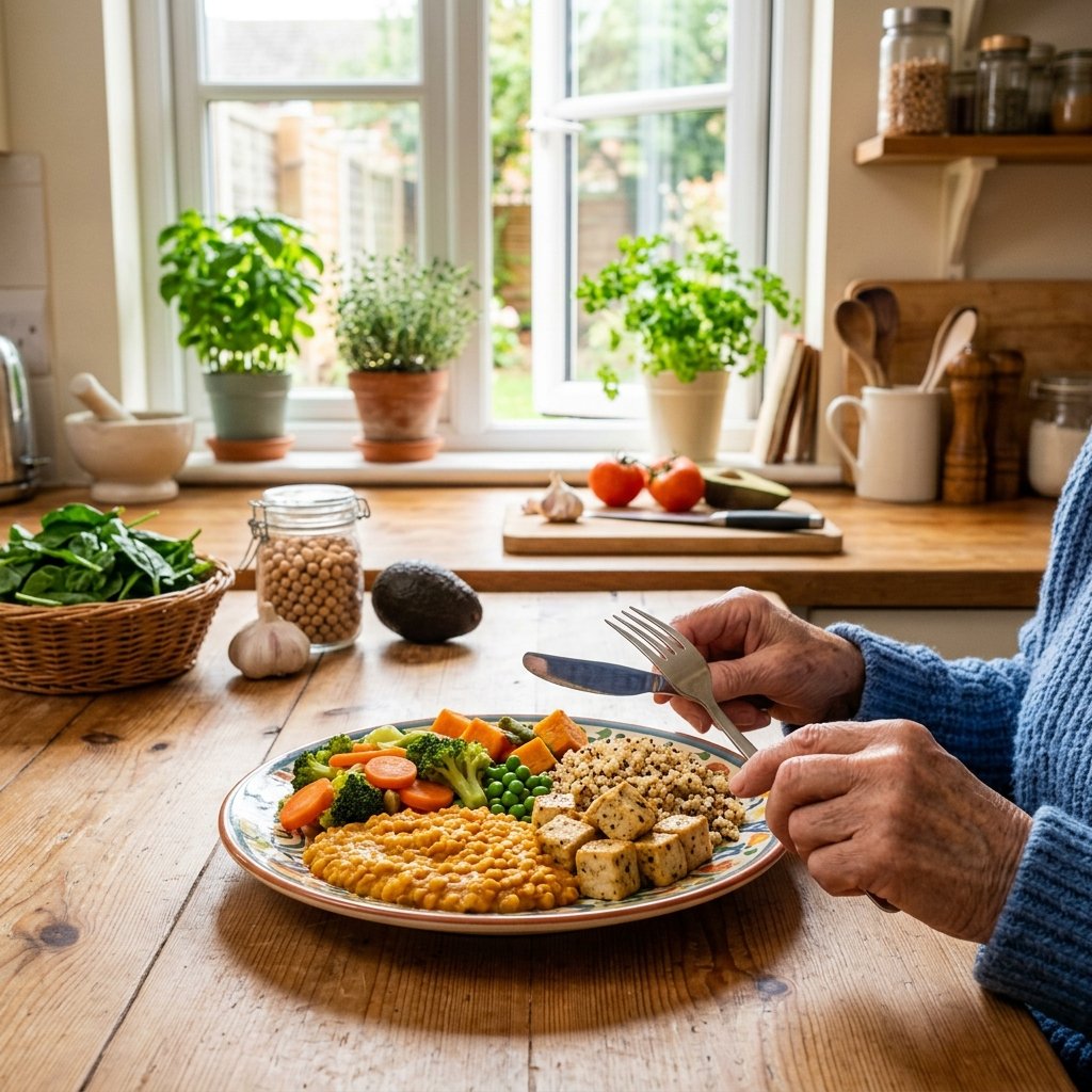 Close-up of an elderly person about to eat a plate of soft, colorful vegan food in a bright kitchen with fresh vegetables and herbs nearby.