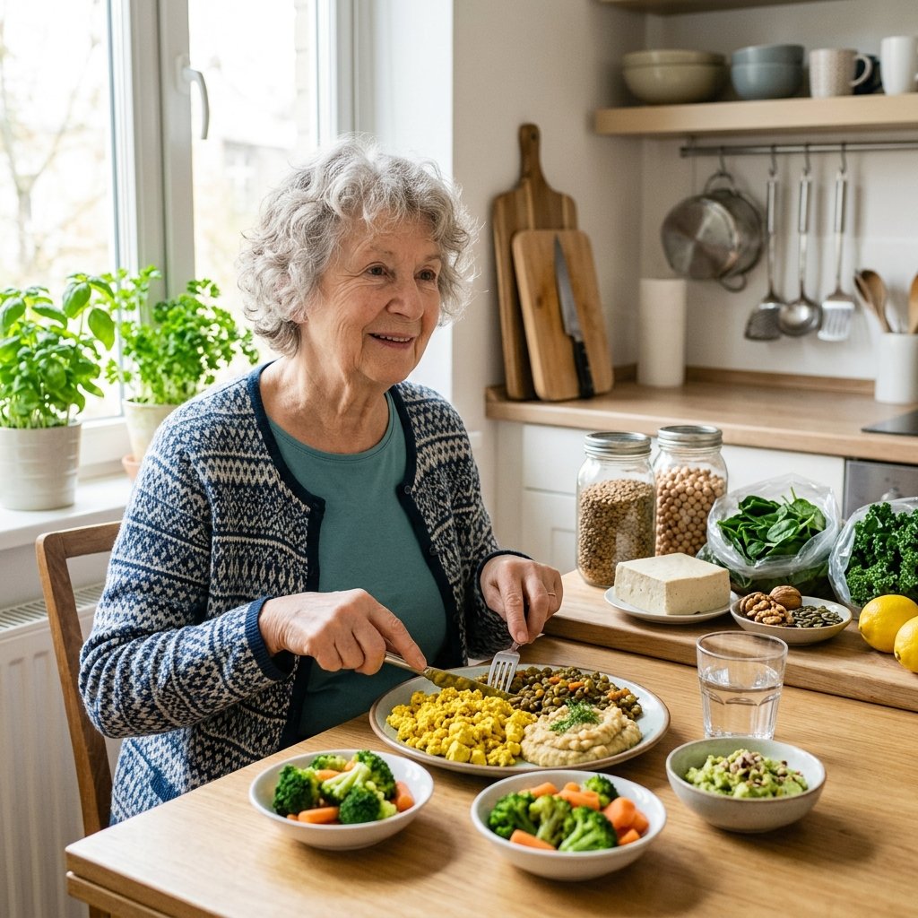 An elderly person preparing and enjoying soft, high-protein vegan meals in a bright kitchen with fresh ingredients on the table.