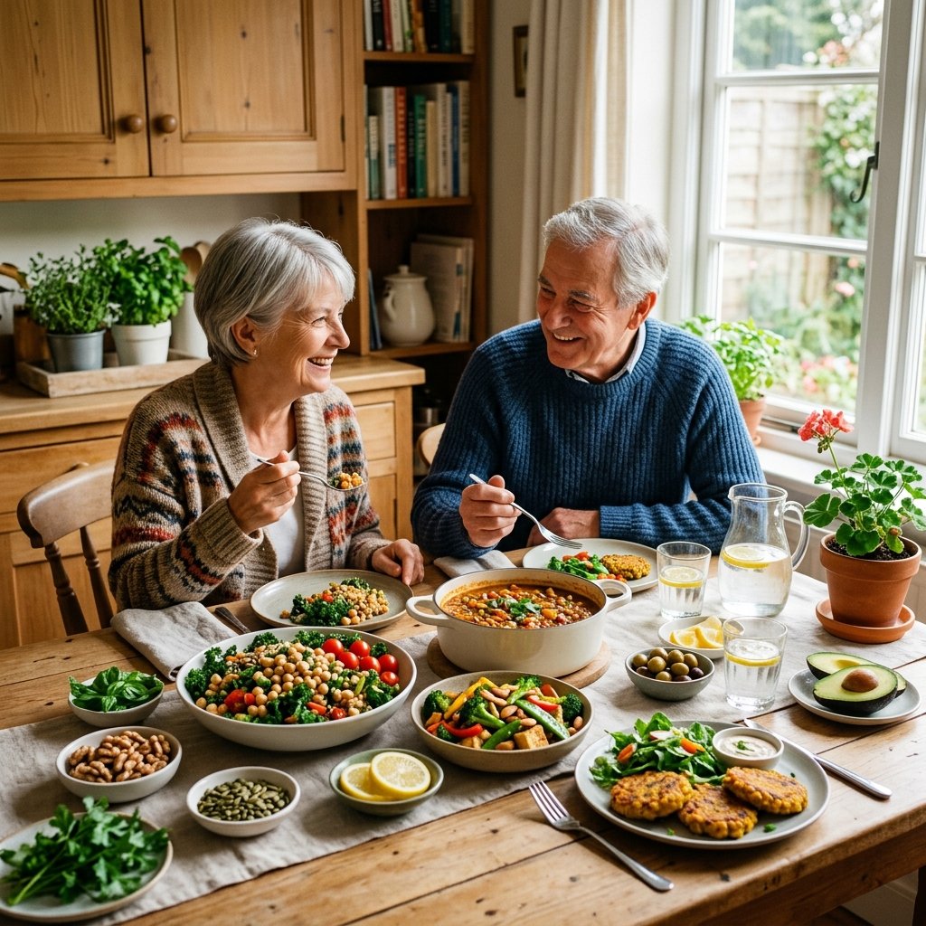 A senior couple enjoying a variety of colorful high-protein vegan meals on a kitchen table filled with fresh vegetables and legumes.