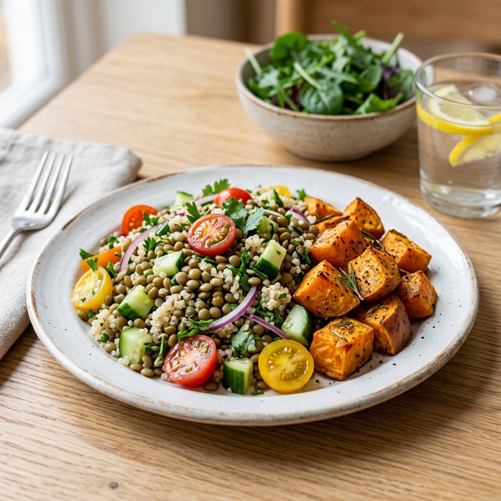 A plate with lentil and quinoa salad and roasted sweet potato on a wooden table, accompanied by a bowl of greens and a glass of water.