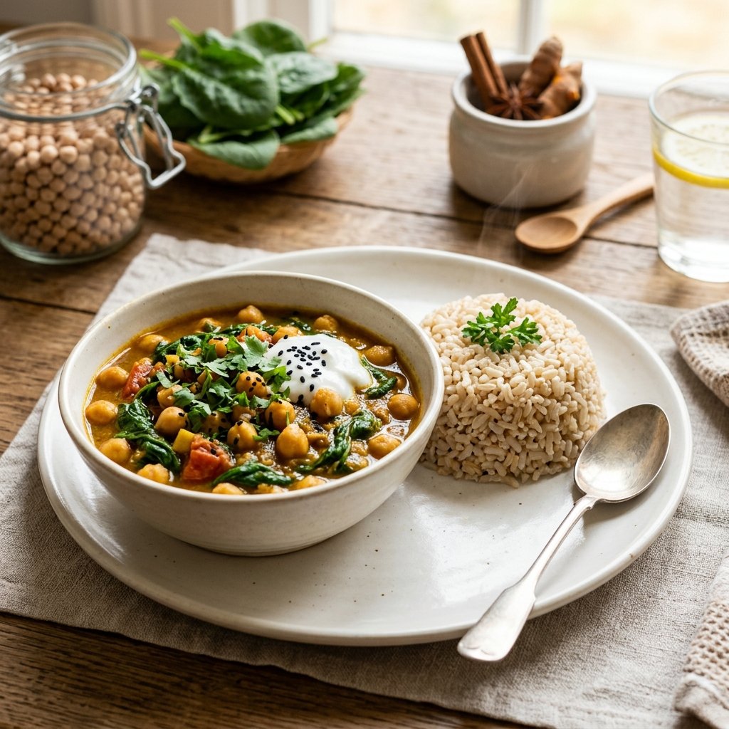 A bowl of chickpea and spinach curry with brown rice on a white plate on a wooden table.