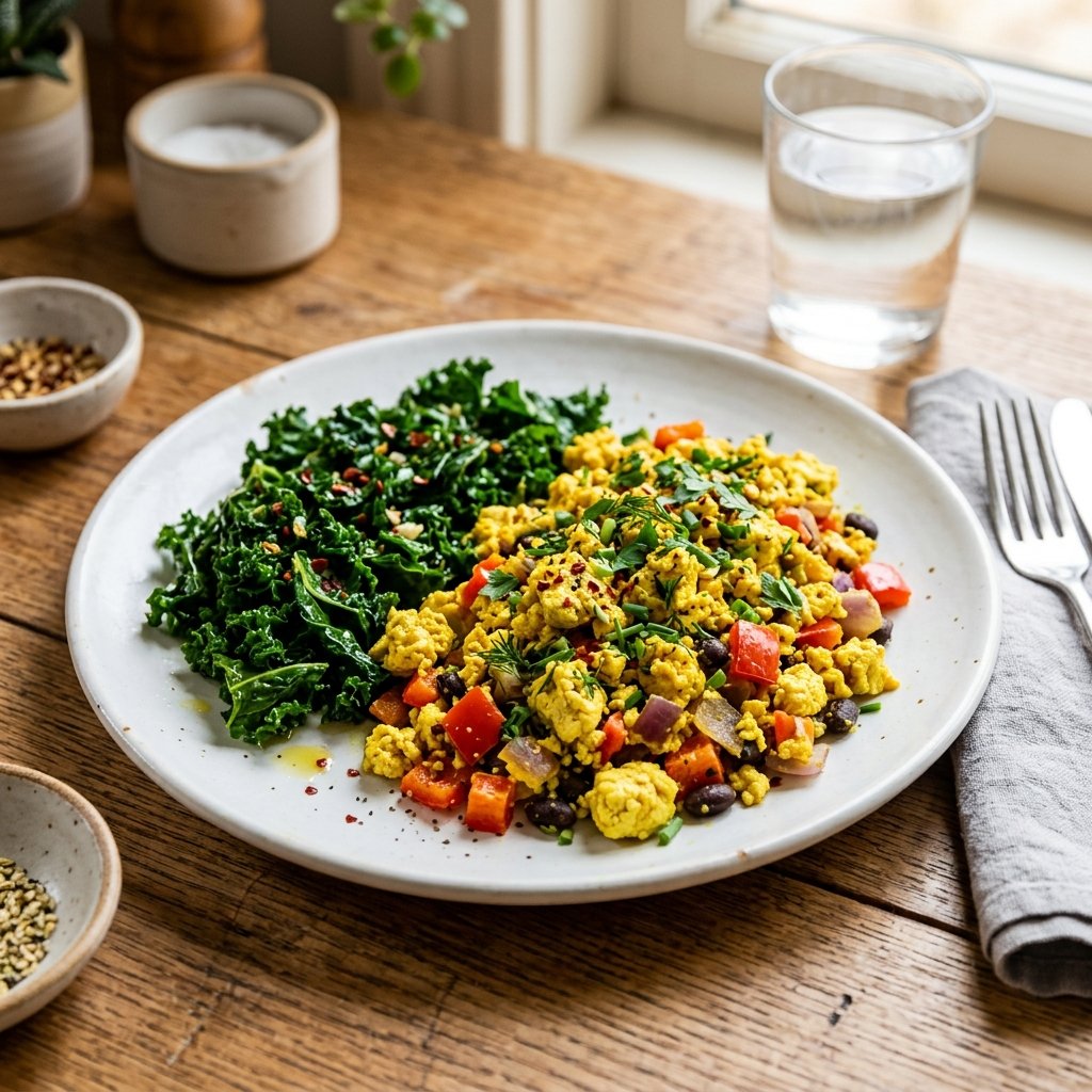 A plate of tofu scramble with nutritional yeast and sautéed kale on a wooden table.