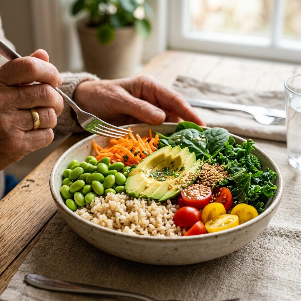 A colorful bowl of edamame, avocado, quinoa, cherry tomatoes, and greens on a wooden table with a senior person's hands nearby.