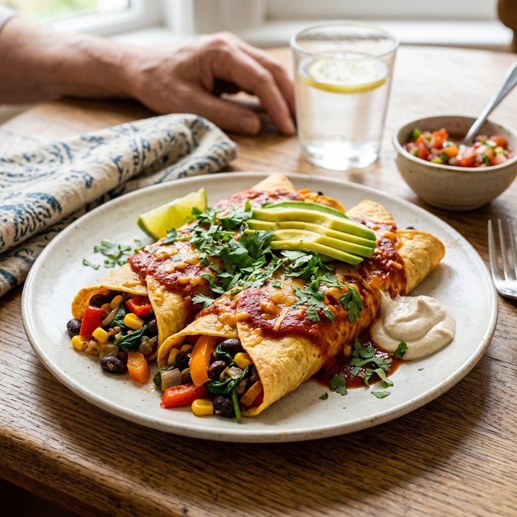 A plate of black bean and vegetable enchiladas topped with red sauce and garnished with cilantro and avocado, on a wooden table with a glass of water and salsa in the background.