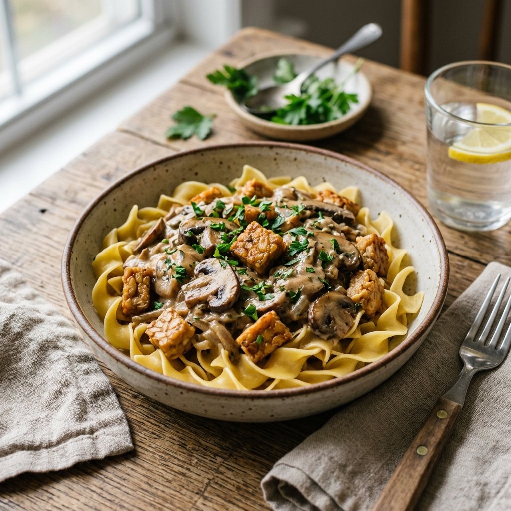 A bowl of tempeh and mushroom stroganoff served over noodles on a wooden table with fresh parsley garnish.