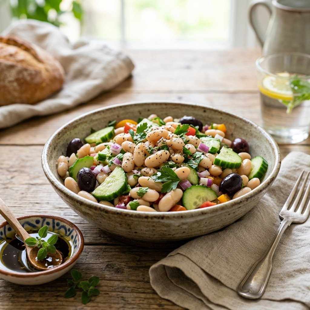 A bowl of white bean salad with cucumber, black olives, red onion, and parsley on a wooden table.