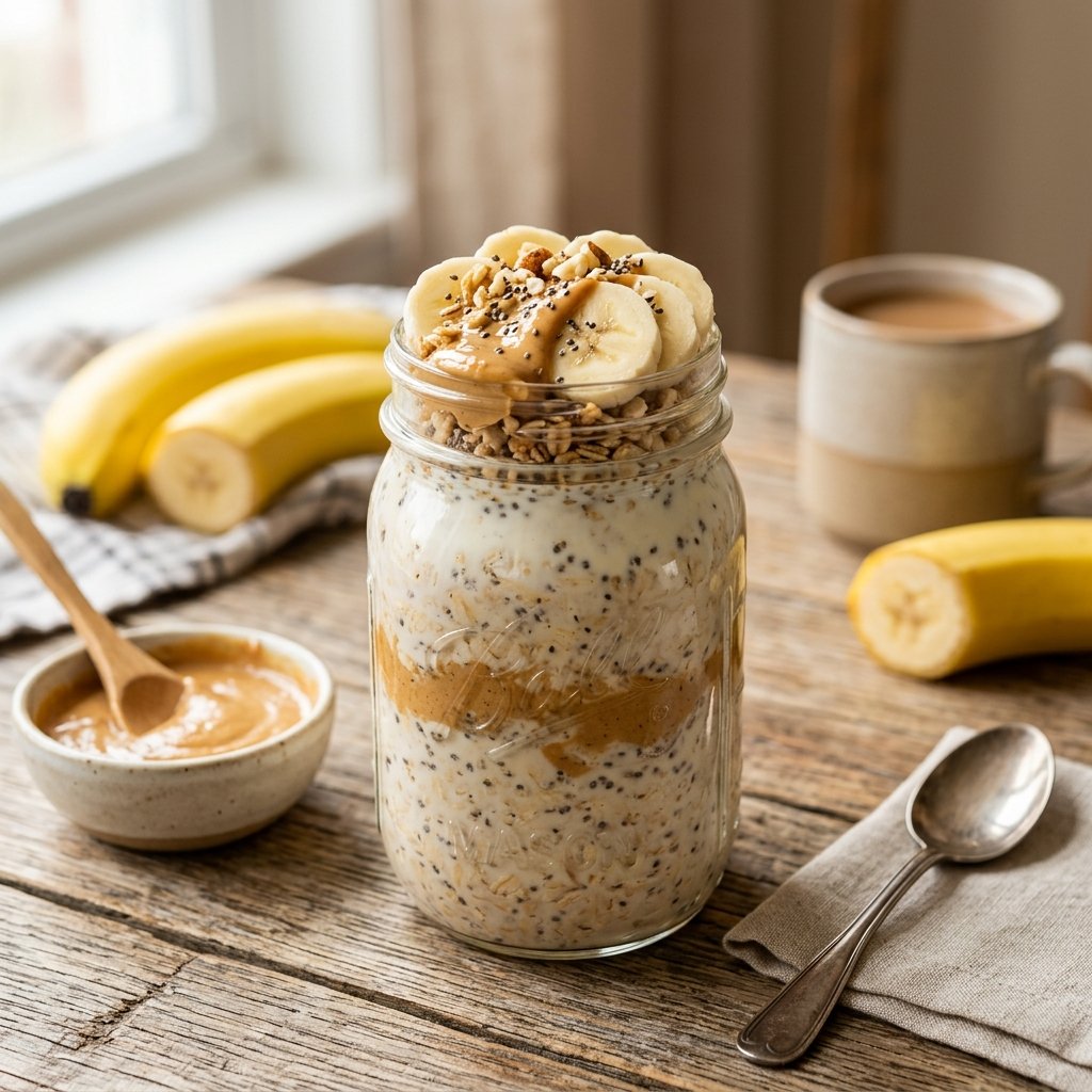 A glass jar of peanut butter and banana overnight oats topped with banana slices and peanut butter, surrounded by fresh bananas and a bowl of peanut butter on a wooden table.