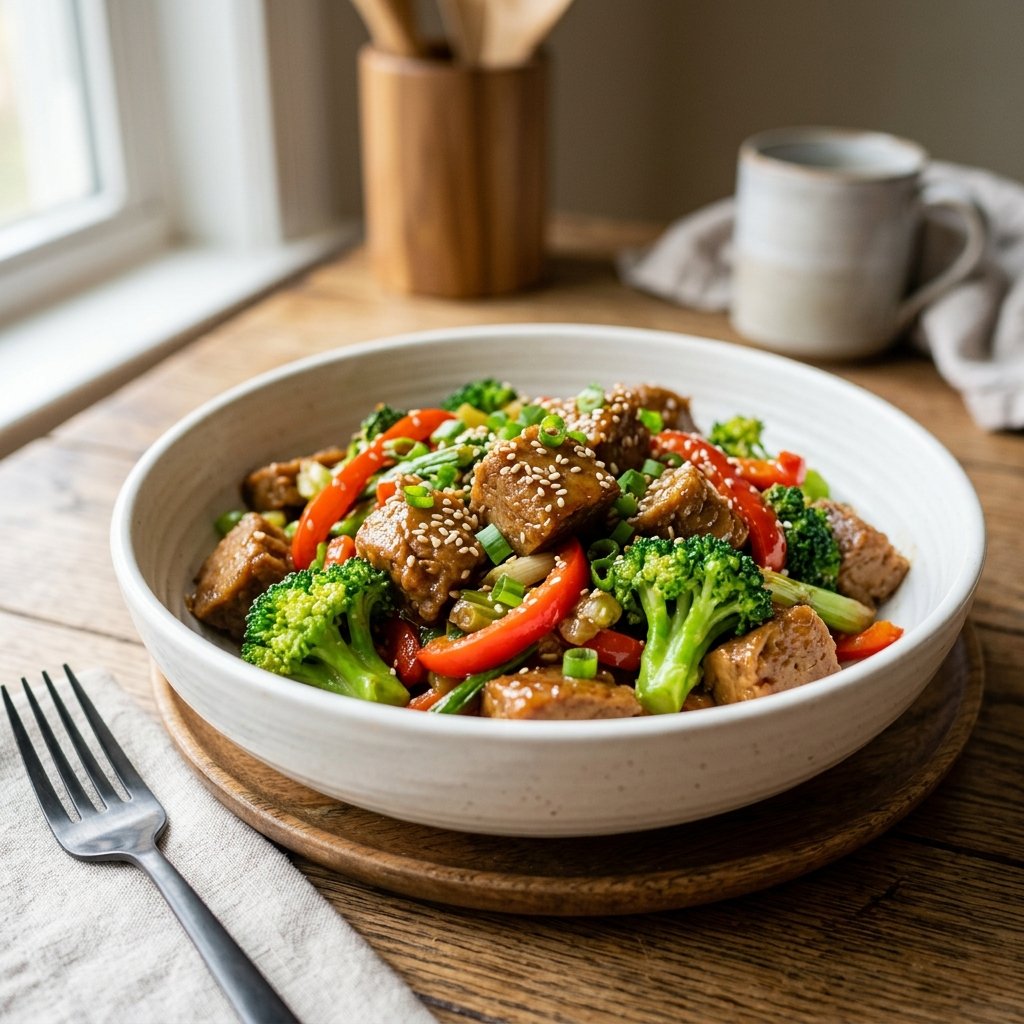 A bowl of seitan and broccoli stir-fry with garlic sauce, garnished with sesame seeds and green onions, on a wooden table.