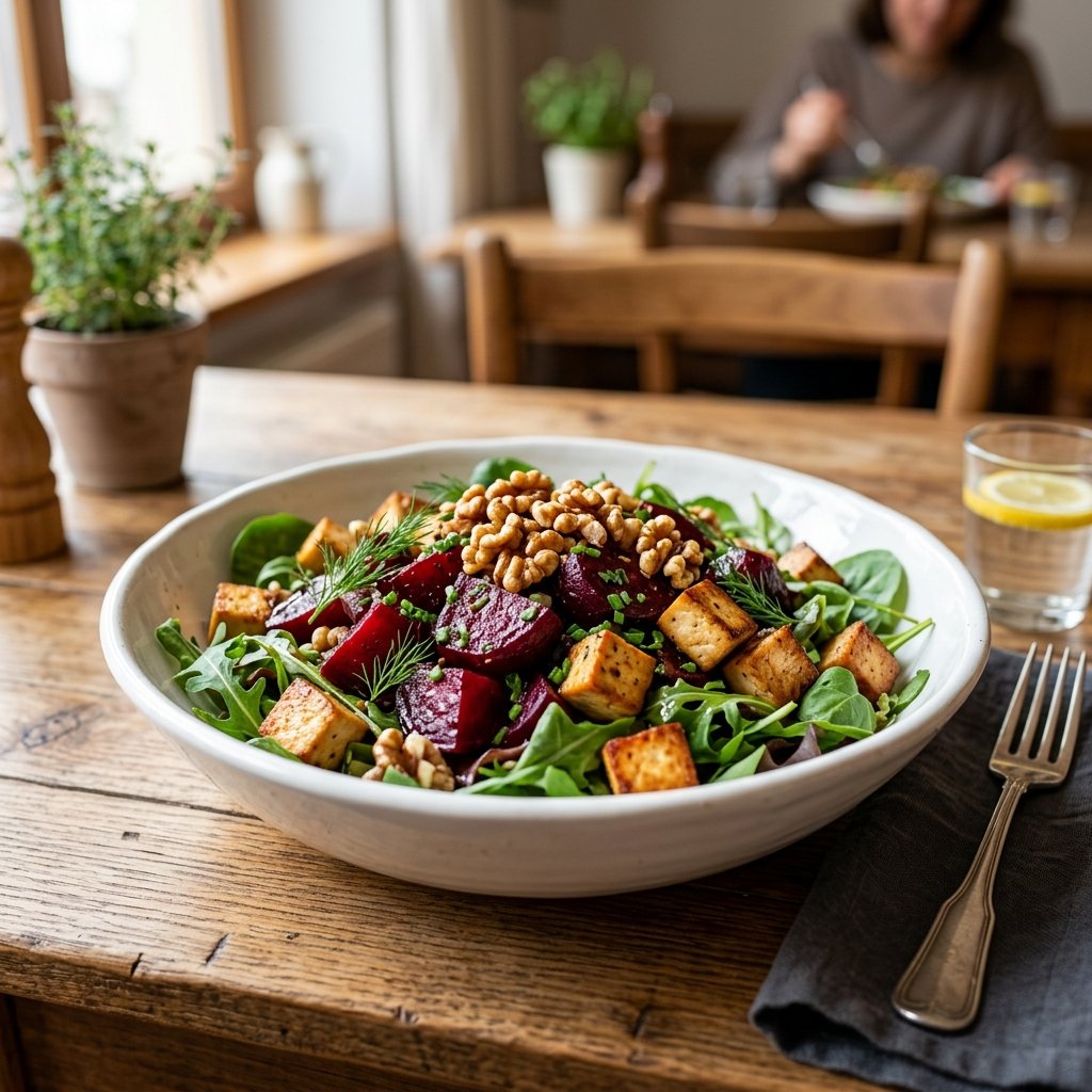 A bowl of smoked tofu and roasted beet salad with walnuts and fresh greens on a wooden table.