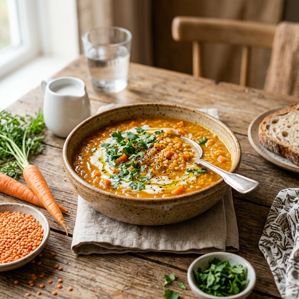 A bowl of red lentil and carrot soup garnished with fresh herbs on a wooden table, surrounded by fresh carrots, red lentils, and coconut milk.