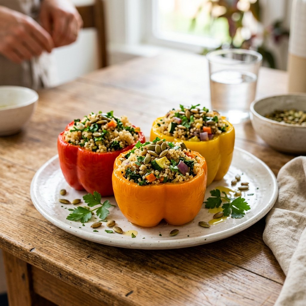 Plate with three colorful quinoa and pumpkin seed stuffed bell peppers garnished with fresh herbs on a table.