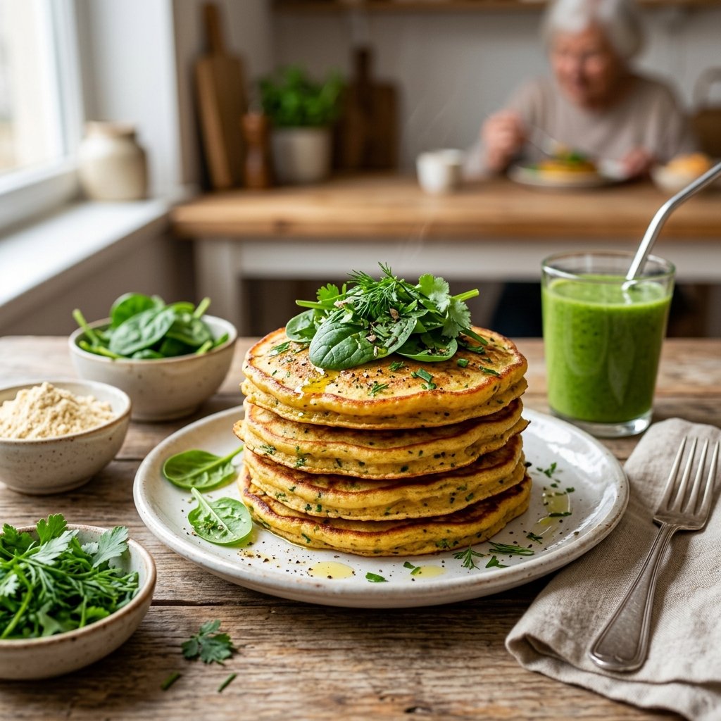 A plate of chickpea flour pancakes topped with spinach and herbs on a wooden table with bowls of ingredients and a glass of green smoothie nearby.