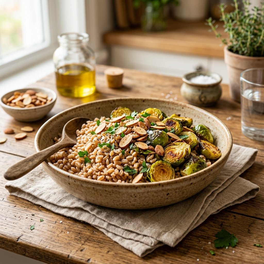 A bowl of cooked farro topped with roasted Brussels sprouts and sliced almonds on a wooden table.