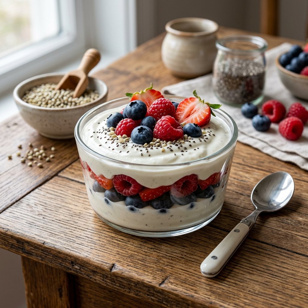 A glass bowl of hemp seed yogurt parfait layered with fresh mixed berries and chia seeds on a wooden table.