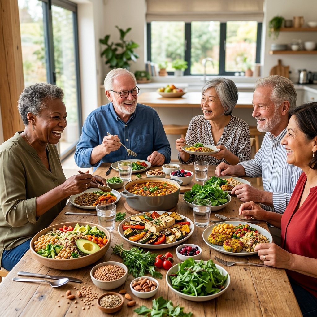 A group of senior adults enjoying a colorful vegan meal together at a dining table, smiling and engaged in conversation.