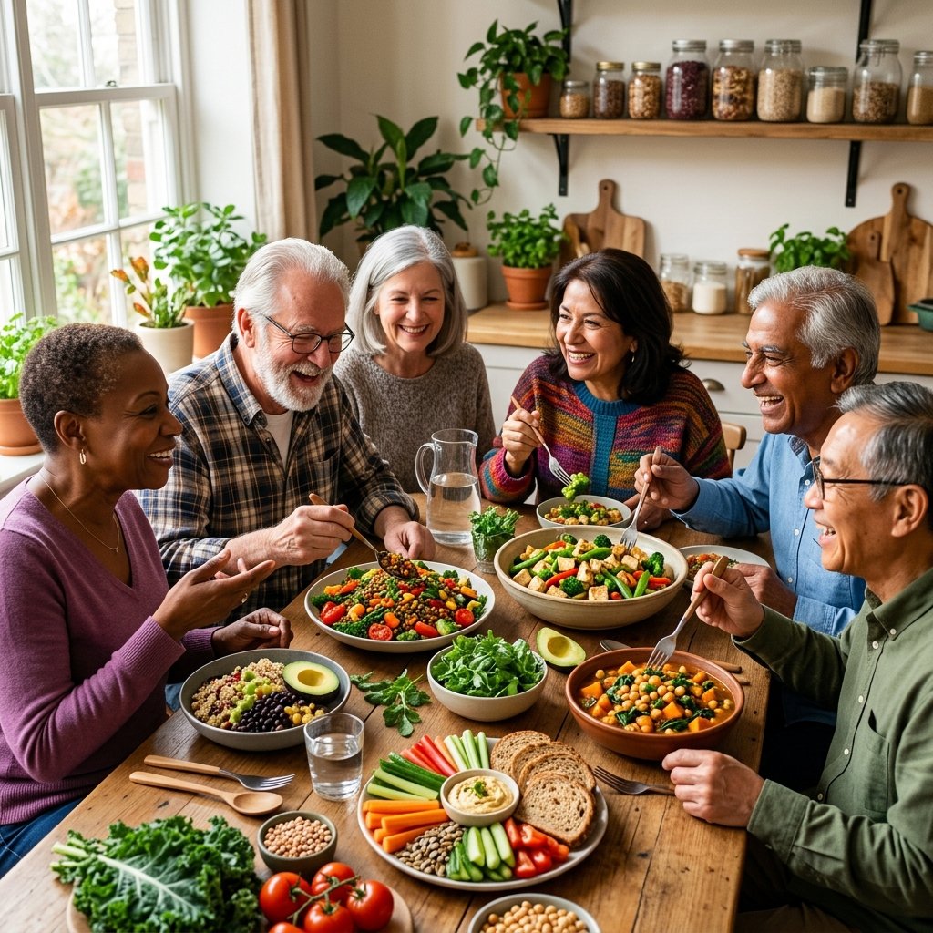 A group of elderly adults enjoying a variety of colorful vegan meals together at a dining table.