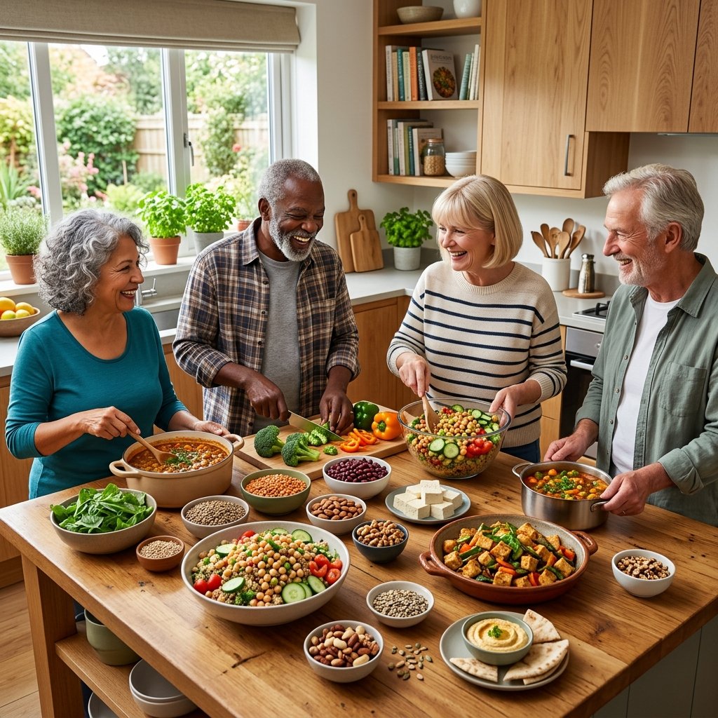 A group of seniors over 50 preparing and enjoying a variety of colorful vegan meals together in a bright kitchen.