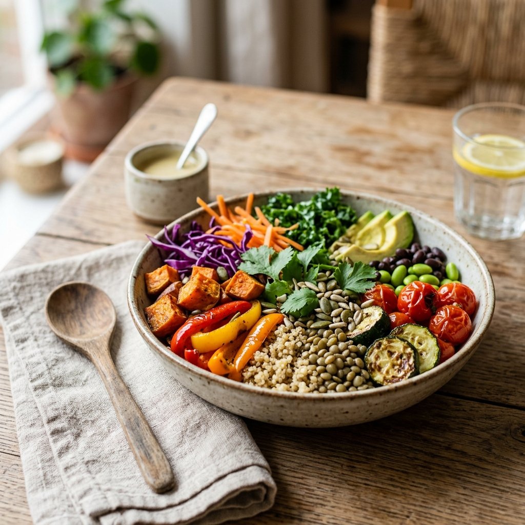 A bowl of lentil and quinoa power bowl with roasted vegetables on a wooden table.