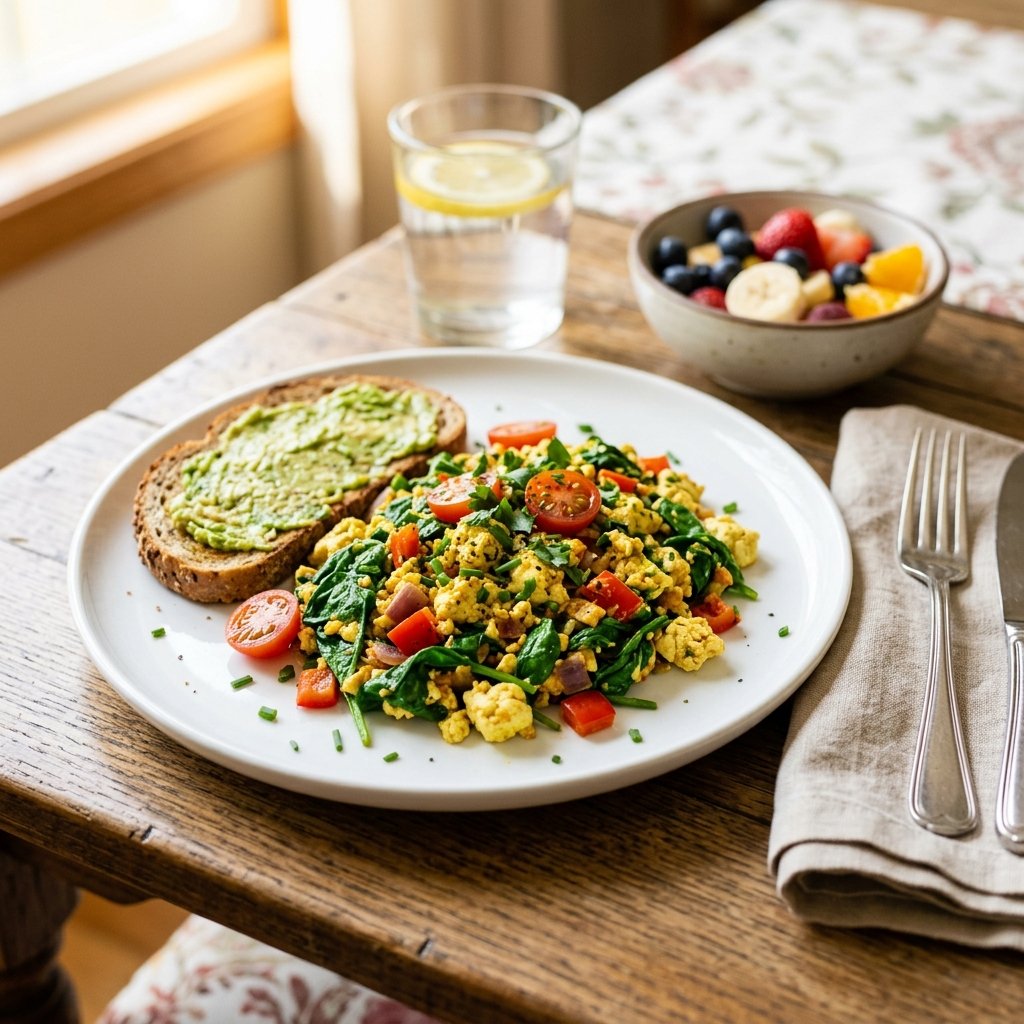 A plate of silken tofu and spinach scramble on a wooden table with a glass of water and fresh fruit in the background.