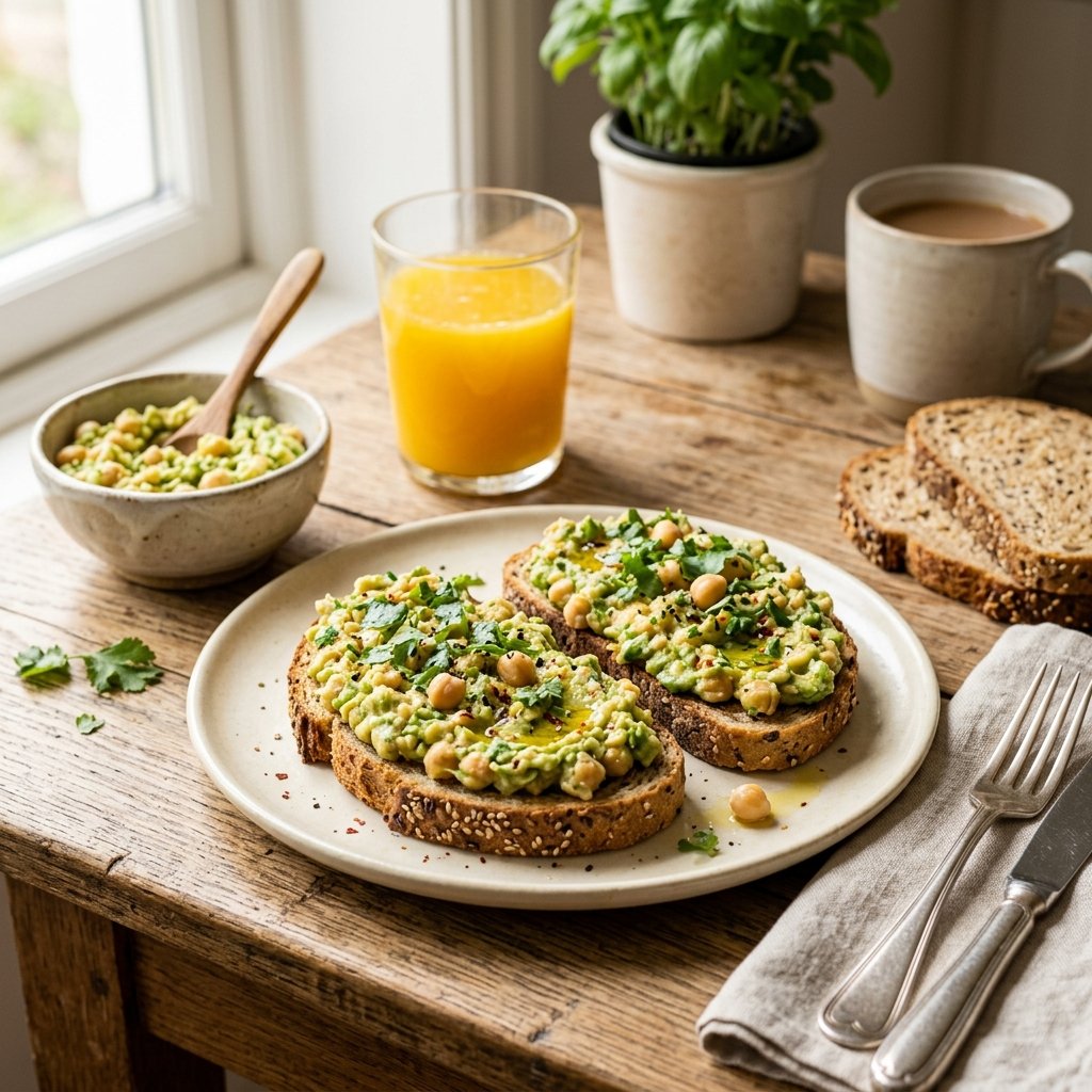 A plate with whole grain toast topped with chickpea and avocado smash, garnished with herbs, on a wooden table with a glass of orange juice and extra toast slices nearby.