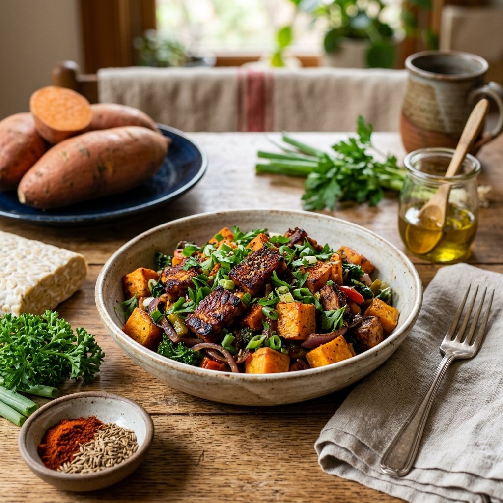 A bowl of smoky tempeh and sweet potato hash garnished with fresh herbs, placed on a wooden table with ingredients around it.
