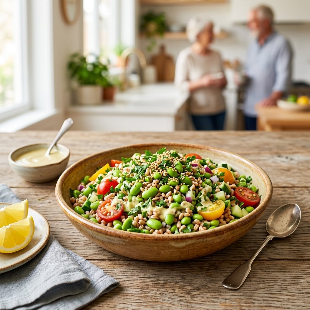 A bowl of edamame and farro salad with lemon-tahini dressing on a wooden table, surrounded by lemon wedges and a small bowl of dressing.