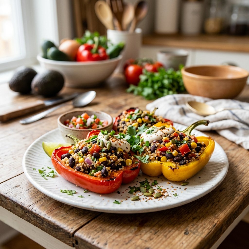 A plate of colorful stuffed bell peppers filled with black beans, quinoa, and vegetables on a wooden table.