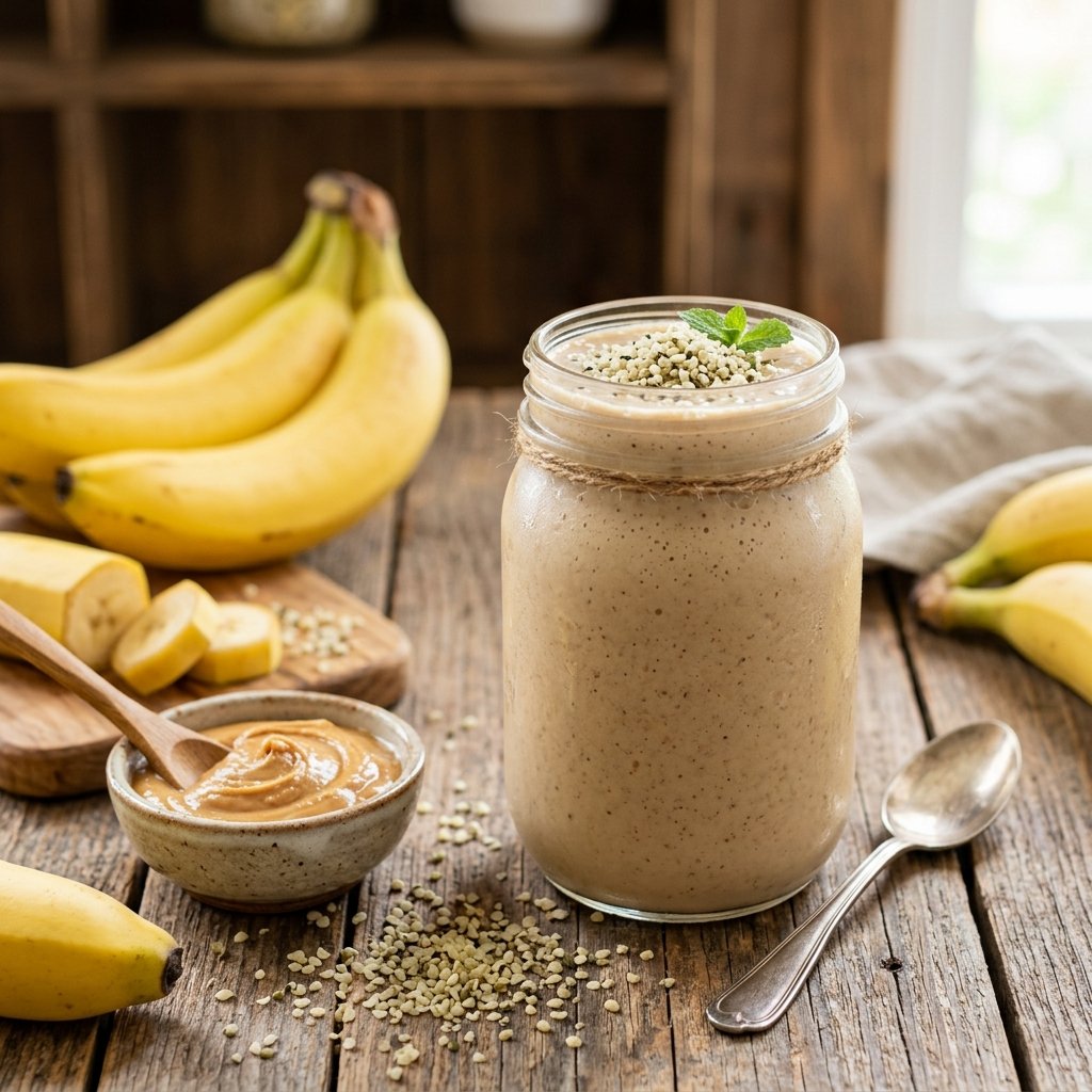 A glass jar filled with a peanut butter, banana, and hemp seed smoothie surrounded by bananas, peanut butter, and hemp seeds on a wooden table.
