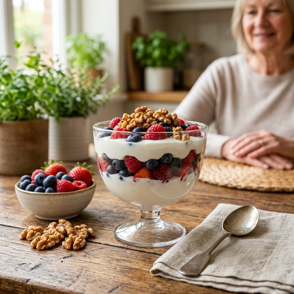 A glass bowl filled with coconut yogurt parfait layered with fresh berries and walnuts on a wooden table.