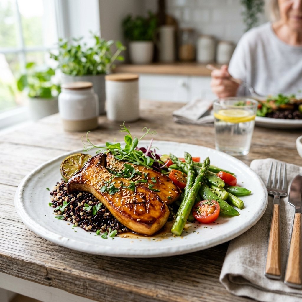 A plate of miso-glazed roasted king oyster mushrooms styled like salmon, served with fresh vegetables on a white plate.